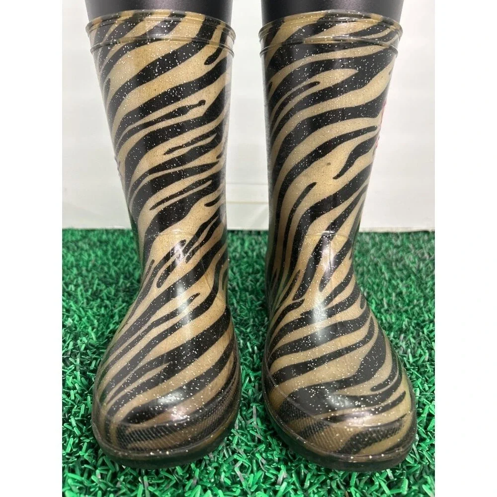 Shake It Up Girls Size 3‎ Zebra Heart Glitter Rain Boots Gold Black Waterproof